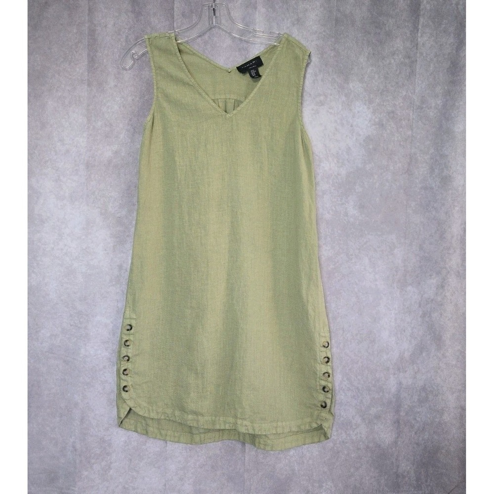 TAHARI 100% LINEN Shirt Dress, Size XS Olive Green Beachy Resort Vacation